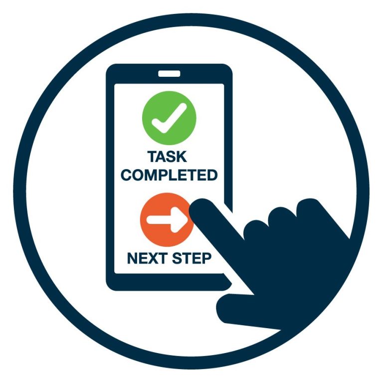 Symbol zeigt einen Smartphone-Bildschirm und eine Hand. Auf dem Bildschirm leuchtet ein grünes Häkchen mit der Aufschrift „Task completed“.
